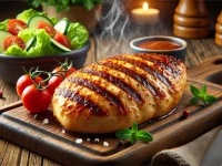 photorealistic image of a juicy grilled chicken breast, perfectly seared with golden-brown grill marks. The chicken is glistening with natural juice